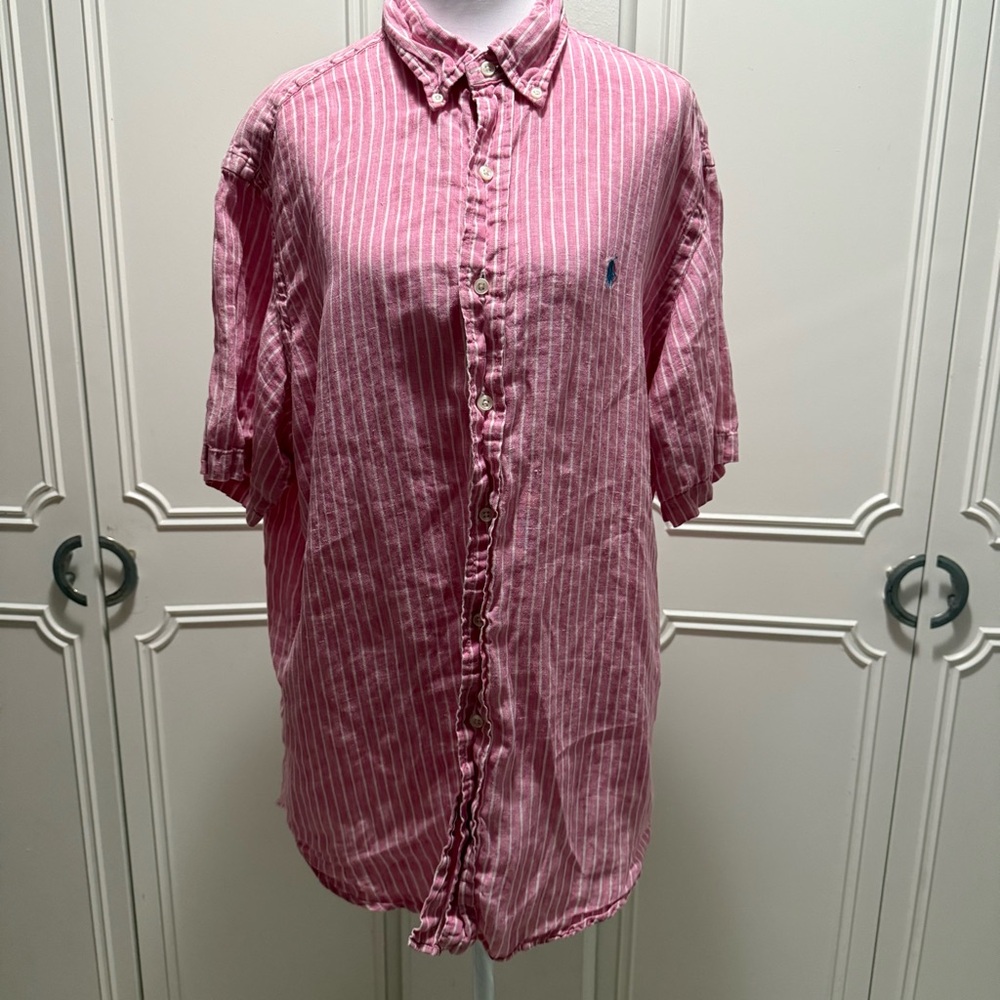 Ralph Lauren Pink and White Striped Casual Linen Shirt